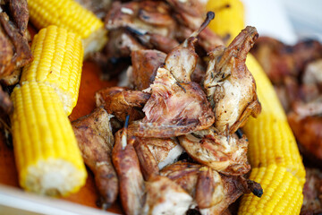 Grilled quail with corn, general serving. High quality photo
