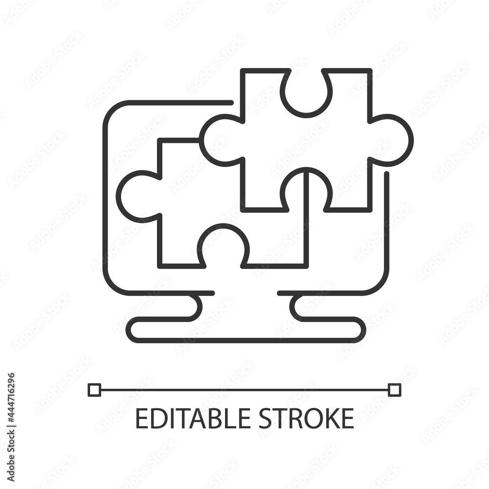 Poster jigsaw online linear icon. special type of intelectual activities. brain exercising games. thin line