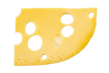 Slice of cheese with large holes isolated on a white background. Milk products.