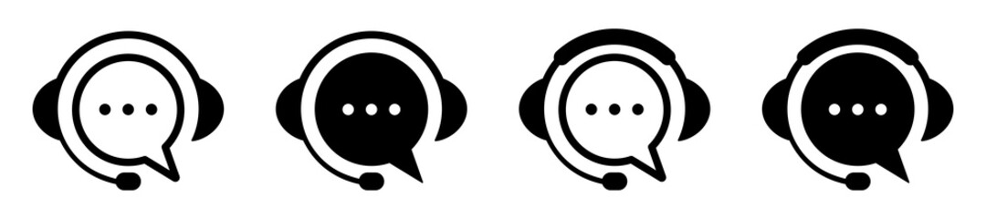 Set of support service icons. Speech bubbles with headphones, live chat symbol, call center. Hotline, customer advice, online web support. Vector.
