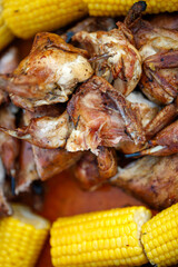 Grilled quail with corn, general serving. High quality photo