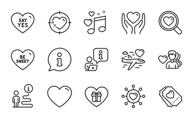 Love icons set. Included icon as Say yes, Man love, Heart target signs. Dating network, Hold heart, Love music symbols. Honeymoon travel, Be sweet, Romantic gift line icons. Vector