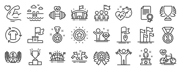 Set of Sports icons, such as Sports arena, Ole chant, Dumbbells workout icons. Winner star, Winner cup, Leadership signs. Cardio training, Cardio bike, Laureate award. Certificate, Flag. Vector