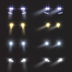 Headlights car. Realistic round bright vehicle front lamps. Light flares and blur shadows effect. Automobile glow beams in night. Driving transport in dark. Vector auto spotlight set