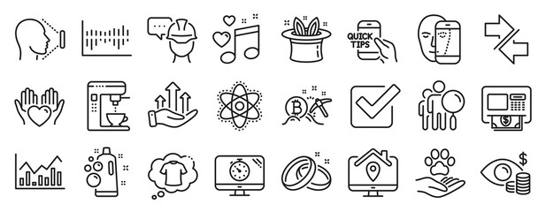 Set of Business icons, such as Synchronize, Hold heart, Hat-trick icons. Chemistry atom, Search people, Foreman signs. Atm, Love music, Coffee maker. T-shirt, Bitcoin mining, Seo timer. Vector