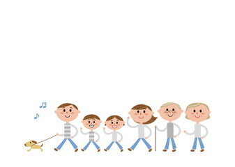 散歩する三世代家族6人と犬