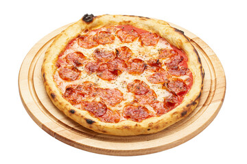 Delicious pepperoni pizza, served on a wooden plate isolated on a white background. Concept for...