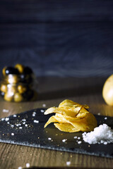 still life of potato chips. Appetizers and snacks. Food food sector, culinary photography