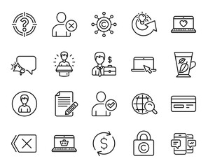 Vector set of Megaphone, Remove and Web love line icons set. Mint leaves, Article and Dollar exchange icons. Copywriting network, Copyright locker and Credit card signs. Megaphone web symbol. Vector