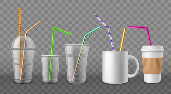 Cups with straws. Realistic disposable mugs. 3D ceramic and cardboard utensil with metal or plastic beverage tubes. Drinking bar devices mockup. Vector coffee or cocktail tableware set