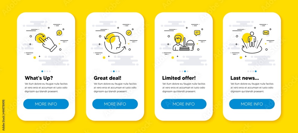 Poster vector set of rotation gesture, cleaning service and face id line icons set. ui phone app screens wi