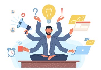 Multitasking man. Businessman with many hands in lotus position solves tasks at same time. Manager yoga zen. Productive work process. Effective management. Vector workaholic concept