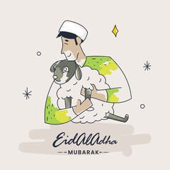 Islamic festival of sacrifice Eid-Ul-Adha Mubarak background with Muslim man hugs sheep before the ritual. 