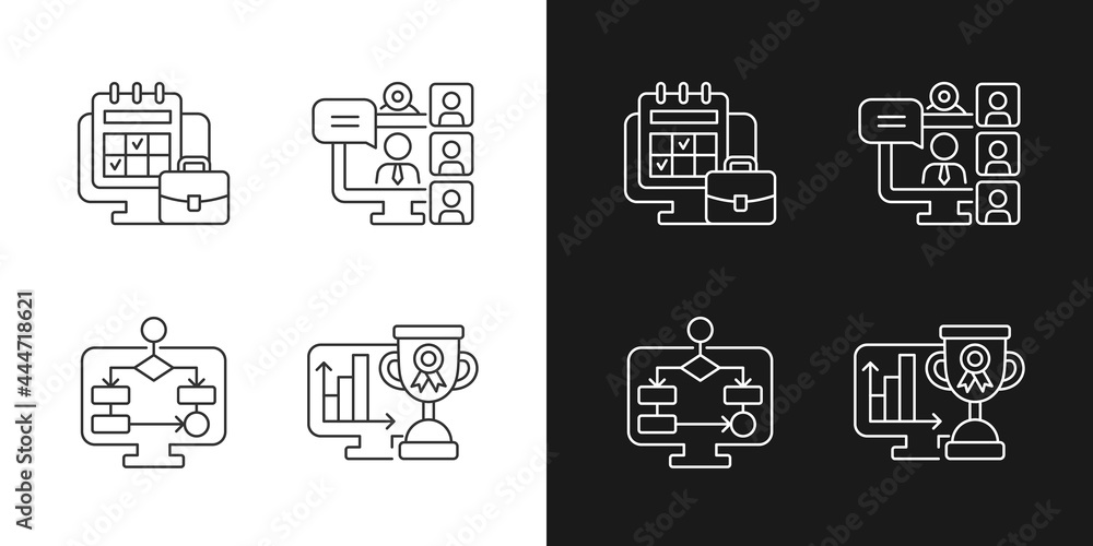 Poster online work tracking linear icons set for dark and light mode. video conference. work monitoring too