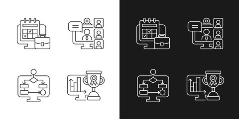 Online work tracking linear icons set for dark and light mode. Video conference. Work monitoring tools. Customizable thin line symbols. Isolated vector outline illustrations. Editable stroke