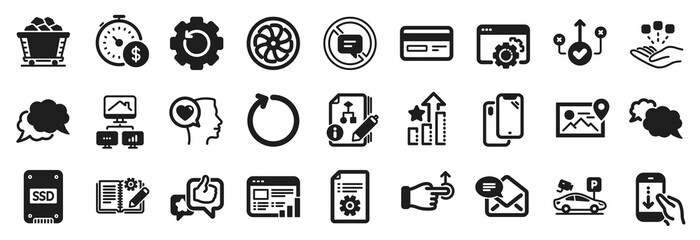 Fototapeta premium Set of Technology icons, such as Correct way, Loop, Smartphone icons. Ssd, Fan engine, Algorithm signs. Recovery gear, Consolidation, Seo gear. Coal trolley, Messenger, Work home. Like. Vector