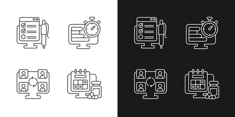 Tracking for remote work linear icons set for dark and light mode. Online form with control checklist. Customizable thin line symbols. Isolated vector outline illustrations. Editable stroke