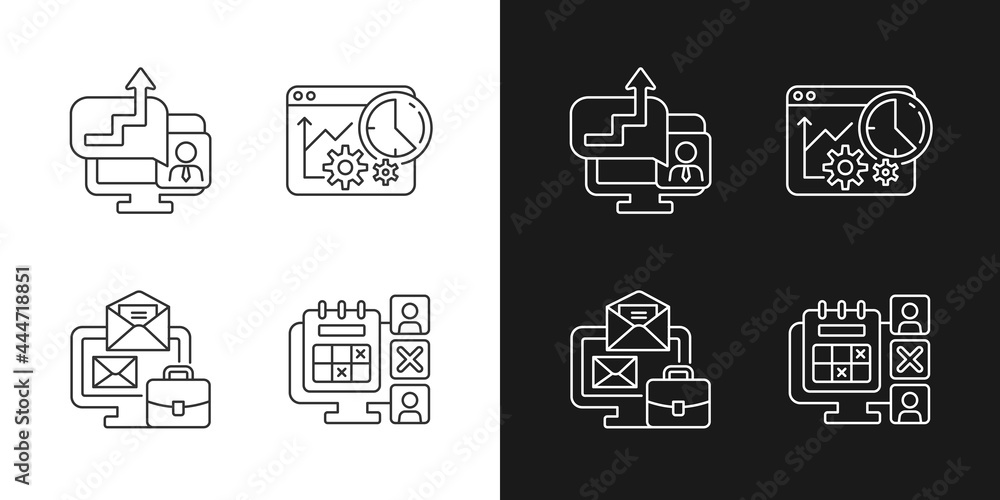 Poster work trackers linear icons set for dark and light mode. time management strategy. business monitorin