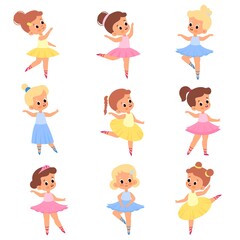 Cute ballerinas. Girls in tutus and pointe shoes. Young ballet dancers. Kids in different poses. Romantic characters performing choreographic positions. Vector dancing children set