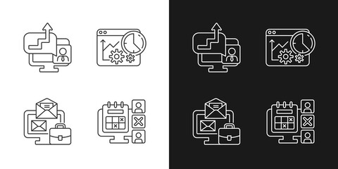 Work trackers linear icons set for dark and light mode. Time management strategy. Business monitoring tools. Customizable thin line symbols. Isolated vector outline illustrations. Editable stroke