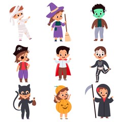 Trick or treating kids. Cartoon boys and girls in festival costumes. Halloween outfits. Isolated skeleton and pirate, reaper or vampire. Monsters celebrating autumn holiday, vector set