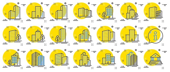 Buildings line icons. Bank, Hotel, Courthouse. City, Real estate, Architecture buildings icons. Hospital, town house, museum. Urban architecture, city skyscraper, downtown. Info center bubble. Vector