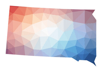 Map of South Dakota. Low poly illustration of the us state. Geometric design with stripes. Technology, internet, network concept. Vector illustration.