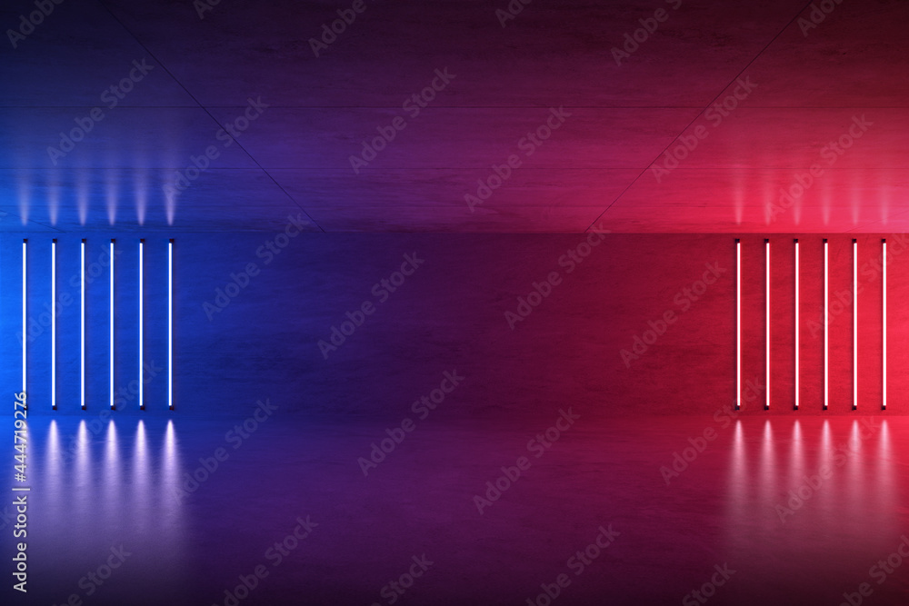 Poster 3d rendering of futuristic glowing neon lights in concrete room, sci-fi space, futuristic background