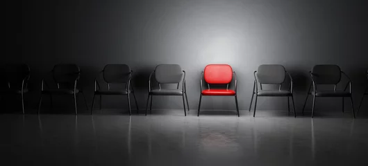 Fotobehang Red chair in spotlight. Job interview, recruitment concepts. © Photocreo Bednarek