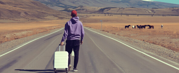 guy road suitcase mountains landscape, traveler, adventure freedom luggage, landscape tibet