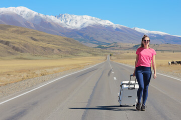 Fototapeta premium sexy girl in dress with suitcase on the highway, summer travel freedom, woman tourist