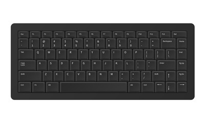 Black keyboard. Realistic modern QWERTY keypad. Digital panel buttons with alphabet letters and numbers. Top view of peripheral computer device. Vector wireless electronic PC equipment