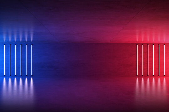 3D rendering of futuristic glowing neon lights in concrete room, Sci-fi space, Futuristic background. © nuchao