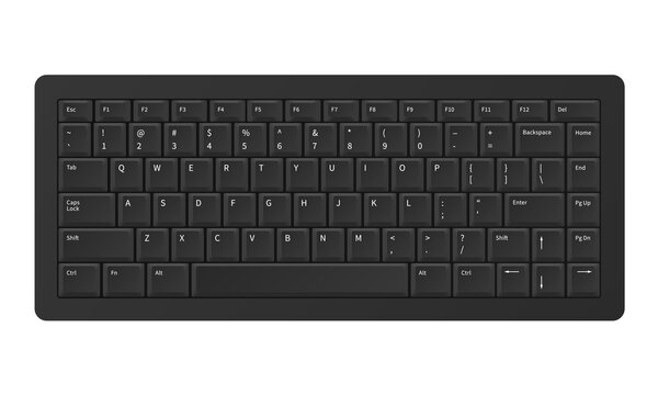 Black keyboard. Realistic modern QWERTY keypad. Digital panel buttons with alphabet letters and numbers. Top view of peripheral computer device. Vector wireless electronic PC equipment