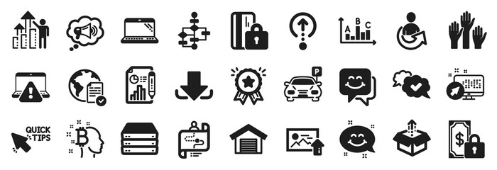 Set of Technology icons, such as Private payment, Send box, Smile chat icons. Parking garage, Bitcoin think, Online voting signs. Block diagram, Journey path, Employee results. Approved. Vector