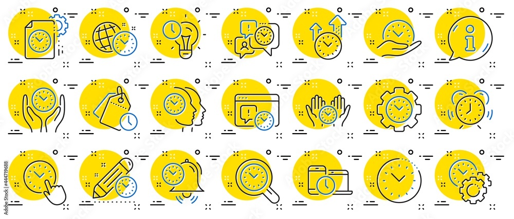 Poster time management line icons. alarm clock, timer plan and project deadline signs. countdown clock, tim