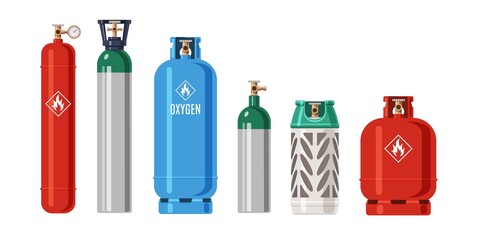 Cylinders gas. LPG propane container. Metal balloon for compressed oxygen and flammable fuel. Isolated tanks with natural butane. Industrial explosive products. Vector equipment set - obrazy, fototapety, plakaty