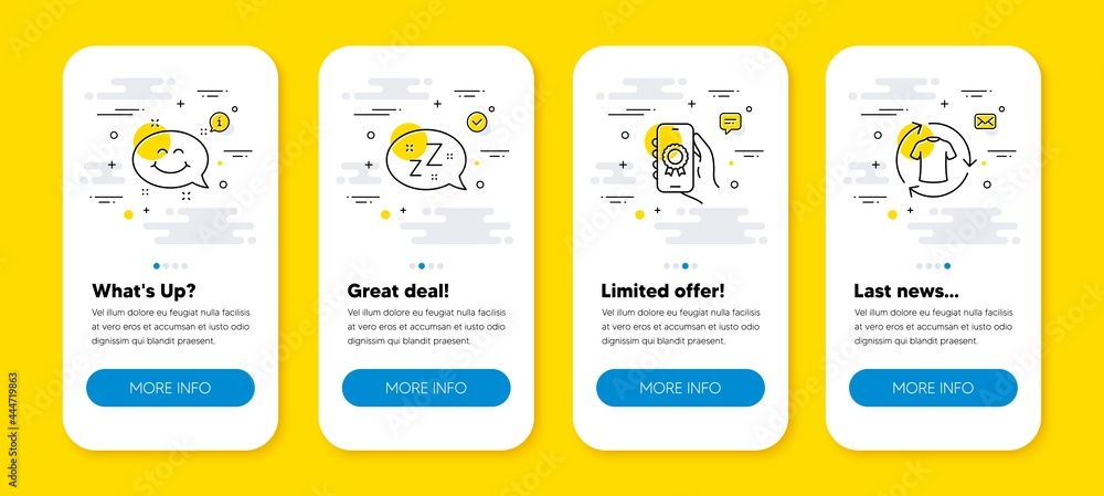 Poster vector set of sleep, smile chat and award app line icons set. ui phone app screens with line icons. 