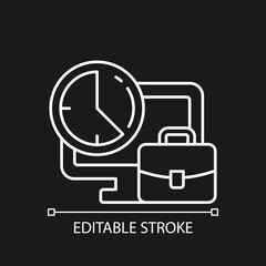 Set working hours white linear icon for dark theme. Time for corporate projects. Thin line customizable illustration. Isolated vector contour symbol for night mode. Editable stroke