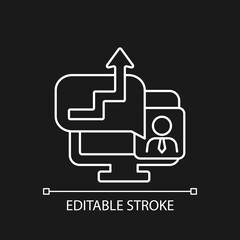 Video coaching white linear icon for dark theme. Virtual call with adviser. Work monitoring. Thin line customizable illustration. Isolated vector contour symbol for night mode. Editable stroke