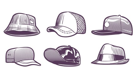 Fashion hats sketch. Headdress design for men. Baseball caps with visors and textile panama. Seasonal headwear drawing. Trendy male headgears set. Vector casual accessory collection