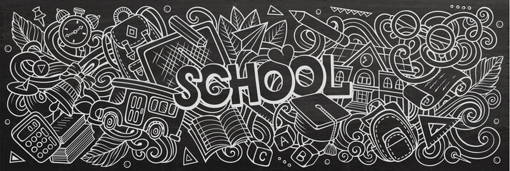 Cartoon cute doodles School word. Chalkboard illustration