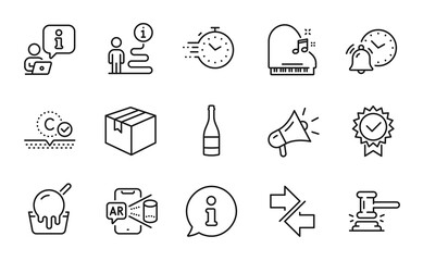 Business icons set. Included icon as Champagne bottle, Piano, Parcel signs. Ice cream, Alarm clock, Synchronize symbols. Collagen skin, Augmented reality, Judge hammer. Certificate, Timer. Vector