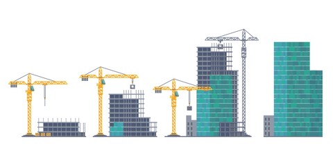 House emergence. Building stages. Unfinished real estate and crane. Housing development from frame constructions and concrete panels. Process of skyscraper creation. Vector illustration