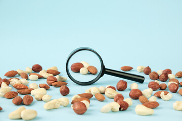 Nuts under a magnifying glass. Food quality control.