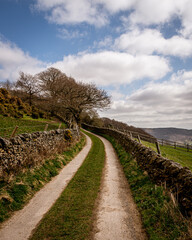 Winding road in countryside with blue skies and clouds
