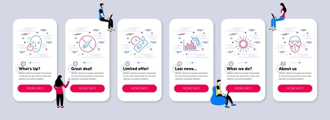 Vector Set of Medical icons related to Coronavirus, No vaccine and Healthy face icons. UI phone app screens with teamwork. Covid test, Coronavirus statistics and Medical mask line symbols. Vector