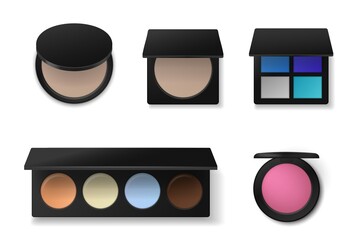 Professional cosmetics. Realistic eyeshadow or concealer palettes. Face powder and blush. Makeup products collection. Containers with decorative paints. Vector beauty accessory set