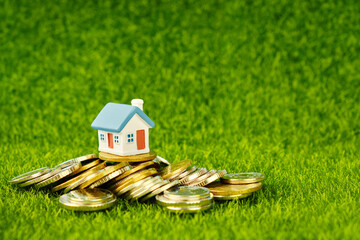 Miniature house standing on stacks of coins. The concept of real estate, mortgage, home insurance,...
