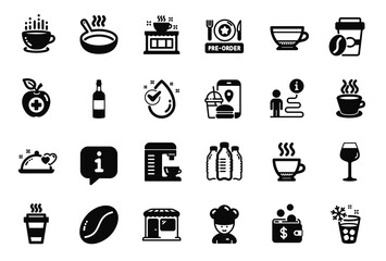 Vector Set of Food and drink icons related to Market, Espresso and Coffee cup icons. Medical food, Takeaway and Food app signs. Cooking chef, Ice maker and Tea cup. Bordeaux glass. Vector